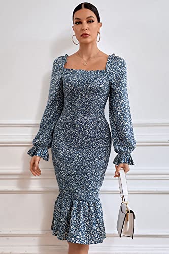 Image of PRETTYGARDEN Women's Long Puff Sleeve Floral Midi Bodycon Dresses Square Neck Ruffle Mermaid Smocked Dress