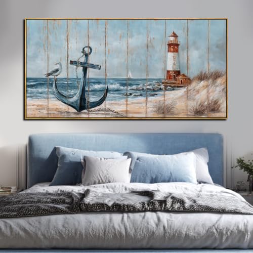 Image of Bird Wall Decor,Beach Wall Art For Living Room, Lighthouse Large Framed Canvas Coastal Pictures Arts for Walls,Blue Poster Prints for Home Office 29 inchx58 inch