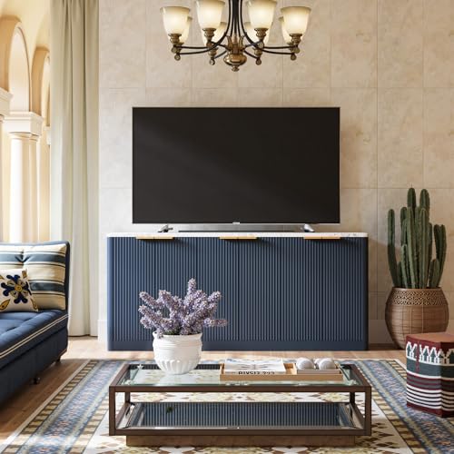 Image of Evermagin 67 inch Fluted Blue Buffet Cabinet Sideboard with Storage, Large Credenza with 6 Doors, Wood Mid Century Modern Sideboard for Kitchen and Living Room (67 inch*31.5 inch*15.7 inch)