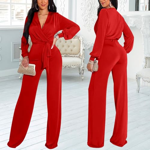 Image of shengfan Formal Jumpsuits for Women Dressy Evening Sexy Deep V Neck Plus Size Long Wide Leg Pants Rompers Clubwear
