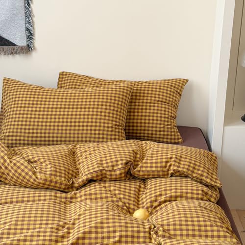 Image of Plaid Duvet Cover Twin Size Yellow Brown Gingham Bedding Set Farmhouse Buffalo Grid Checkered Duvet Cover Set Soft Lightweight Microfiber Quilt Cover with Zipper Closure and 1 Pillowcase