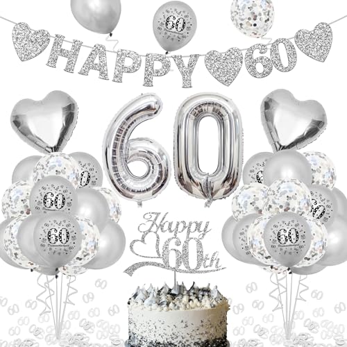 Decorazione matrimonio con diamanti - striscione 'HAPPY 60', palloncini in foil con numeri e palloncino in lattice, coriandoli numero 60 in argento, decorazione per torta