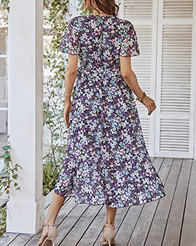 Bequemer Laden Women's Summer Floral Dress Wrap V Neck Short Sleeve Belted Ruffle Beach A-Line Bohemian Maxi Dresses B-Black #TOP2