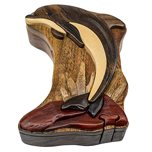 Leaping Dolphin - Wood Intarsia Puzzle Box - Handcrafted with Secret Compartment