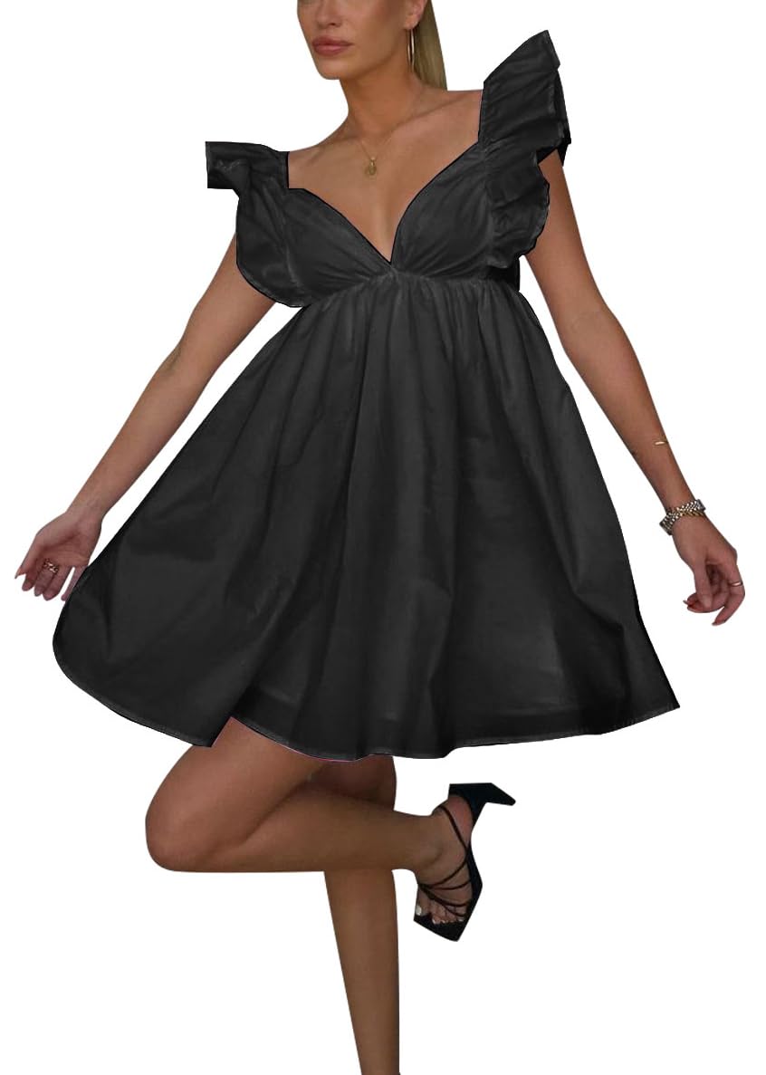 Zebaexf Womens Spring Summer V Neck Knot Back Causal Strap Short Flowy Swing Mini Dress