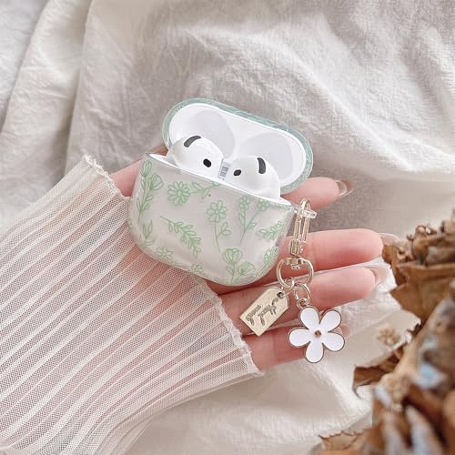 Image of MINSCOSE Compatible with AirPods 4 Clear Case,Cute Flower Floral Aesthetic Design with Flowers Keychain, Soft TPU Protective Shockproof Case for Women Girl for Airpods 4-Green