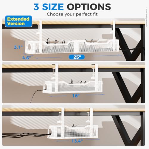 Image of [Upgraded] 25 inch Extra Large Under Desk Cable Management, Cinati Wire Organizers No Drill, Cable Tray with Clamp for Wire Management, Cord Organization Box for Office, Home - No Damage to Desk(White)