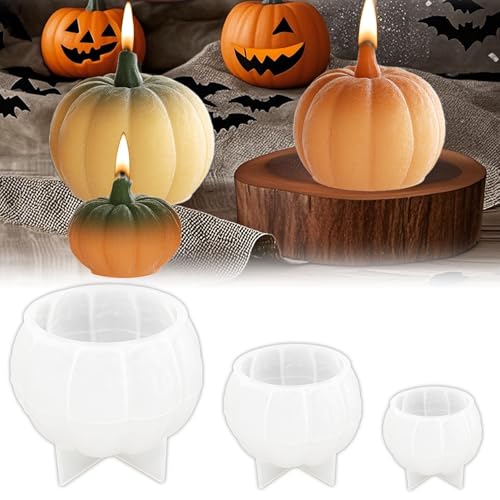 TZEKING 3 peças moldes para velas de abóbora de Halloween, moldes de silicone para velas de abóbora 3D para Halloween, molde de silicone para velas em forma de abóbora, para fundir velas, sabão