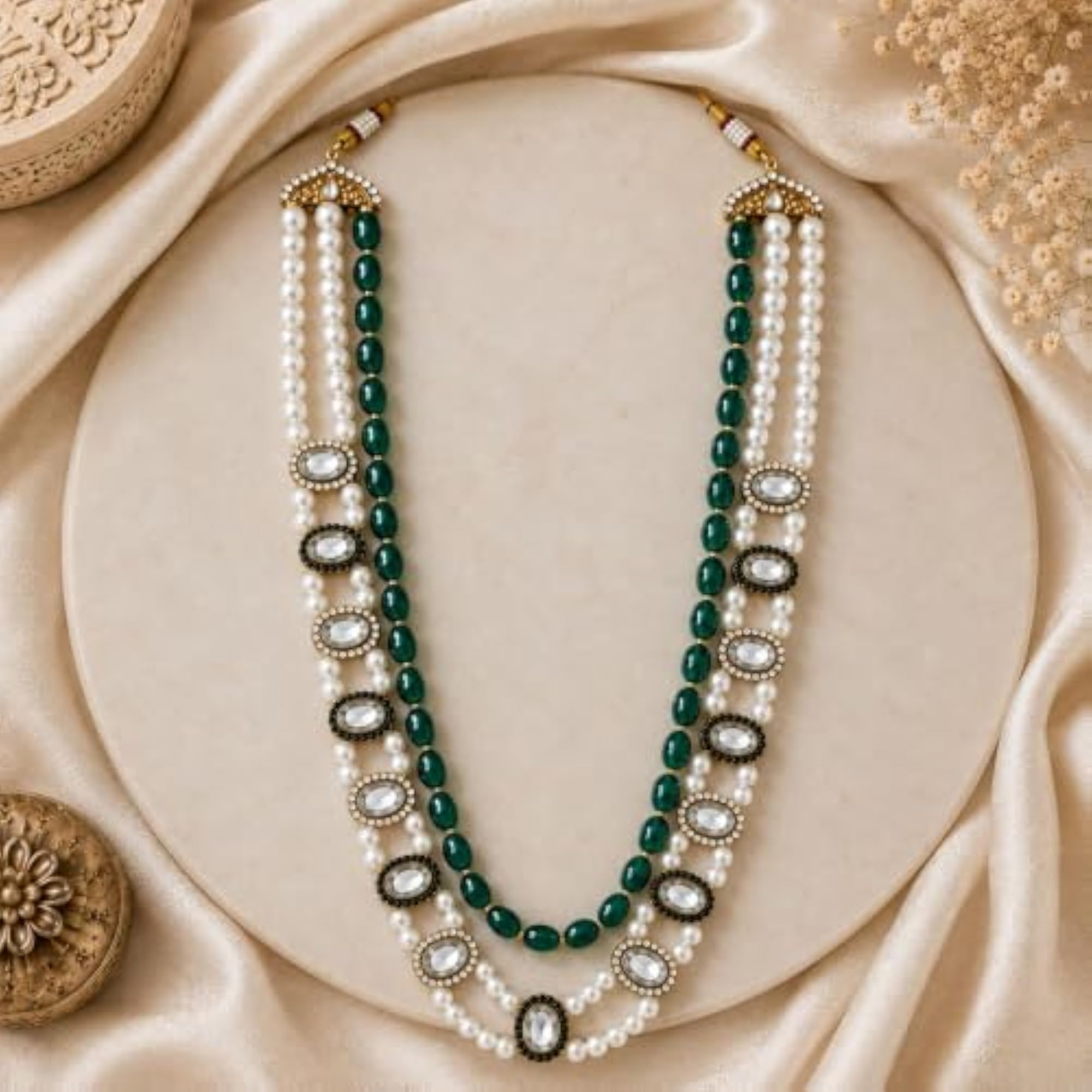 Traditional 3 Layered Gold Plated CZ Dulha Moti Mala Necklace