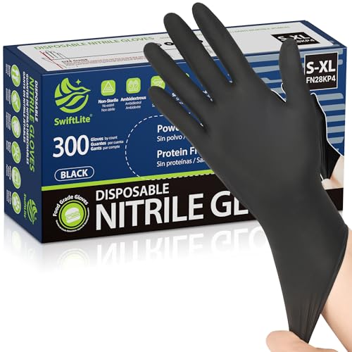 Image of SWIFTLITE Black Nitrile Gloves, Food Safe Disposable Gloves Latex Free, Rubber Gloves Powder Free for Cooking, Kitchen Clean