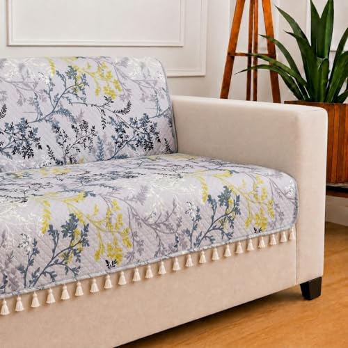 Image of STITCHNEST 'Frostvine Collection' 2 Seater Sofa Cover - Full Coverage| Cotton Quilted Fabric, Decorative Tassels, Washable & Durable for Modern Living