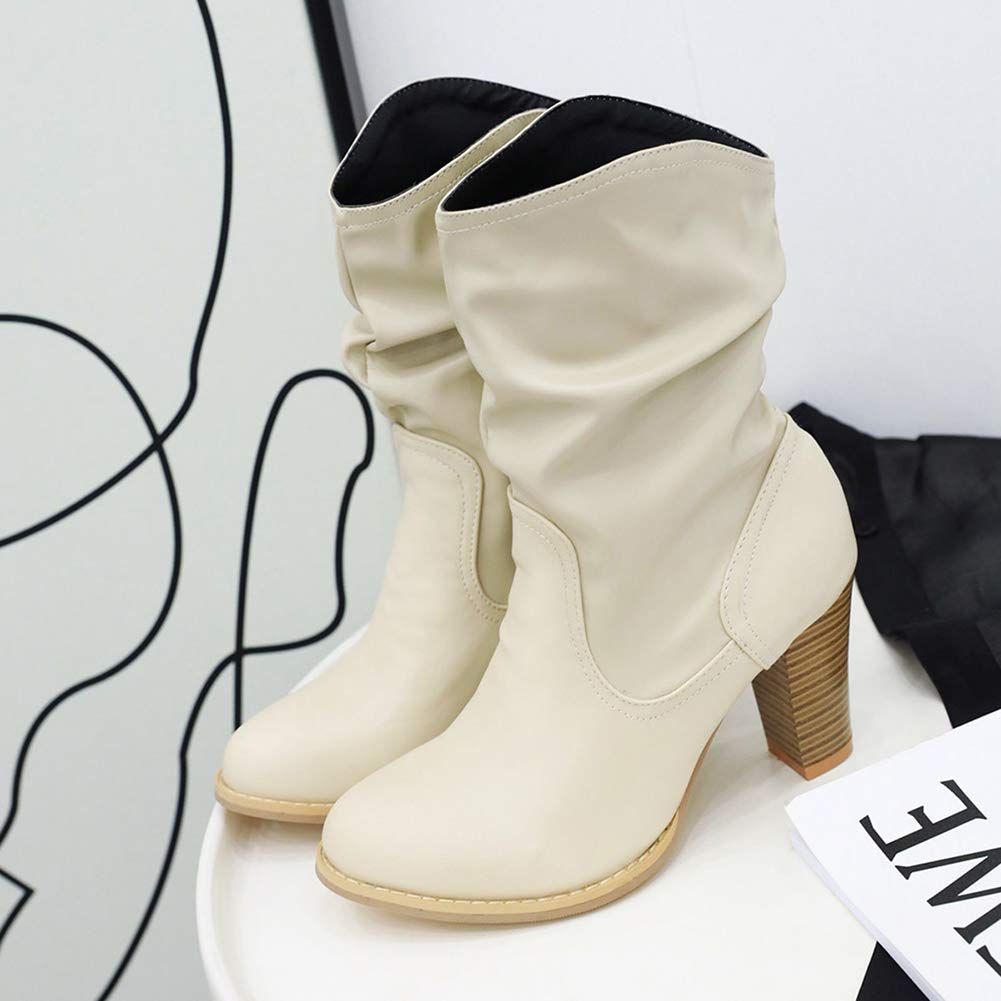 Mujer Elegante Tacón de Bloque Sin Cordones Botas de Pantorrilla Fruncidas Mullido Botas Holgadas