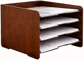 Organizador de Mesa para Documentos em MDF Madeira – 4 Divisórias para Folhas A4 – Porta-Papel Escritório Home Office – 32x24x22cm