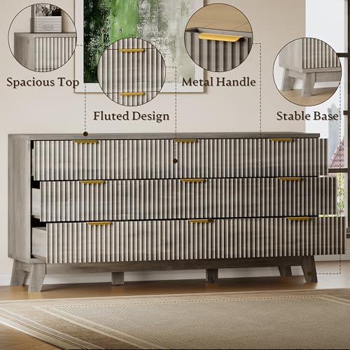 Image of BORNOON Fluted 9 Drawer Dresser, 57.1 inch Wide Modern Boho Chest of Drawers, Wooden Storage Dresser TV Stand for Bedroom, Living Room, Closet, Hallway, Curved Profile Design