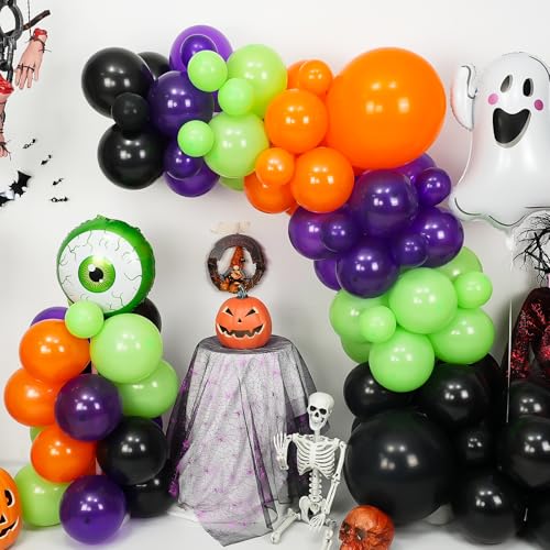 Image of Halloween Balloons Garland Arch Kit, Ghost and Large Eyeball Foil Balloons with Black Orange Purple Fruit Green Balloon Arch for Halloween Spooky Witch Birthday Baby Shower Party Decorations