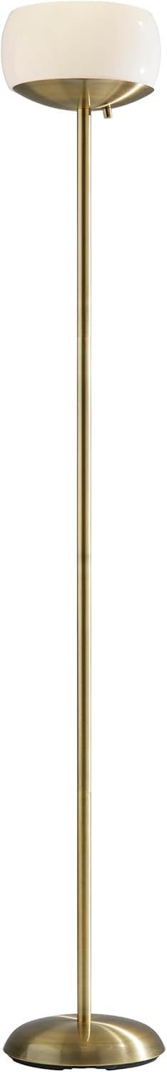 Adesso Antique Brass Torchiere Floor Lamp with White Opal Glass Shade - 300W Double Socket Construction Accent Lighting for Bedroom, Living Room, or Home Office, 71” Tall