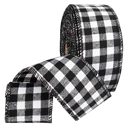 Teldrassil 2.5 Inches x 24 Feets Black and White Burlap Plaid Ribbon Christmas Wired Edged Ribbon for Christmas Tree Bows, Wreath Decoration, Gift Wrapping and Crafts (Black and White)