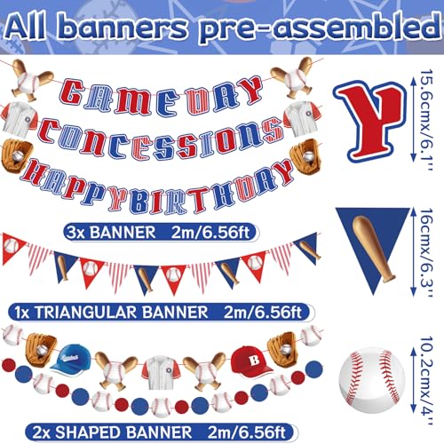 Image of Pre-Strung Baseball Party Decorations with Concessions and Game Day Banners, Happy Birthday Baseball Party Supplies
