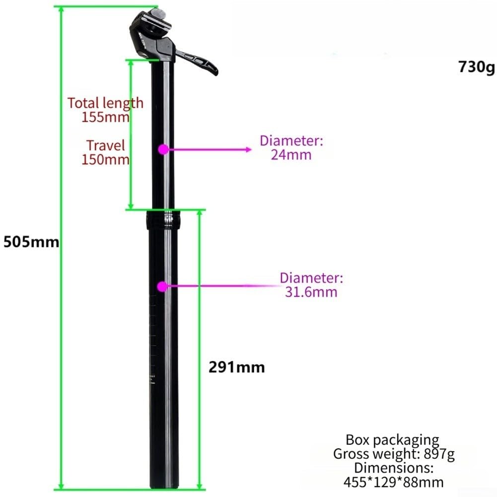 Tige de selle compte-gouttes compatible avec les normes de cadre de 31,6 mm offrant plusieurs déplacements et un actionnement fluide