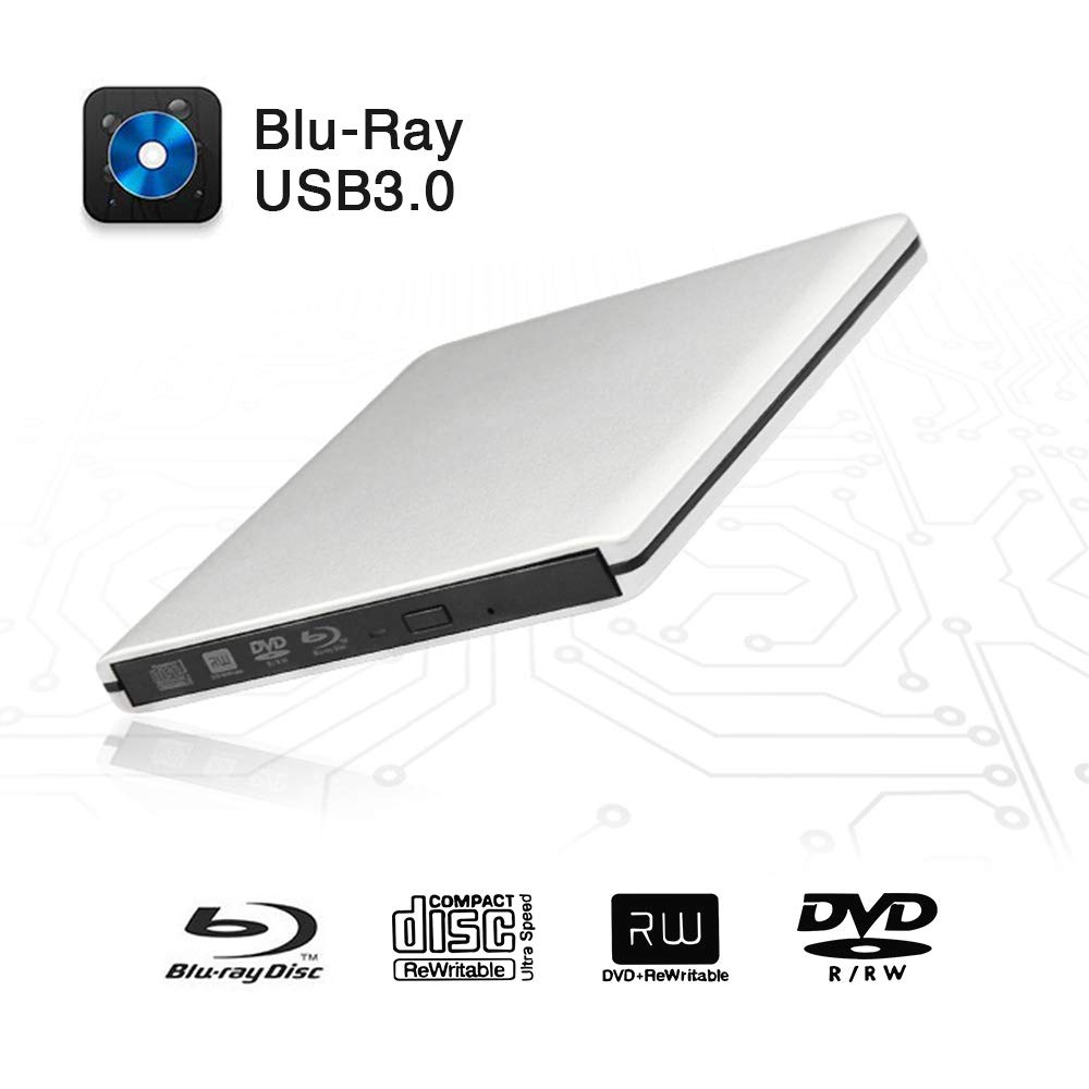 External Blu-Ray DVD Drive, USB 3.0 Portable Ultra-Thin 3D CD BD Blu-ray Player/Writer/Burner BD-ROM Used for Various Brand Computer PC Desktop, Laptop (Silver)