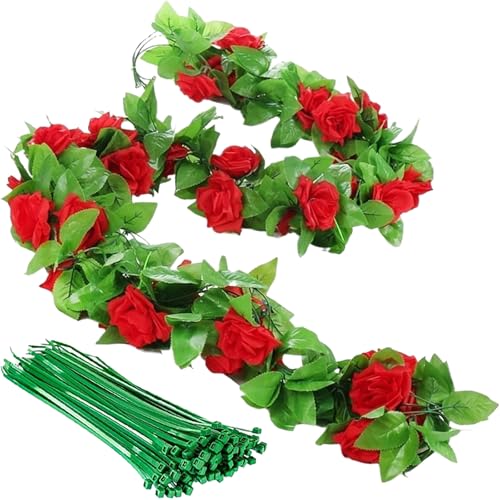 ZenyTra Lot de 3 guirlandes de roses artificielles rouges de 230 cm avec 42 fleurs et 20 ficelles, diamètre des fleurs de 4 cm, pour mariage, jardin, balcon,...