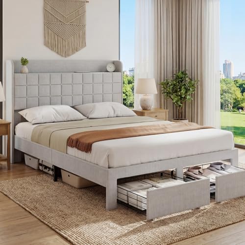 Image of Full Size Storage Bed Frame, Square Tufted Headboard, Platform Bed with 2 Underbed Drawers at Foot, Wooden Slats Support, No Box Spring Needed, Light Gray