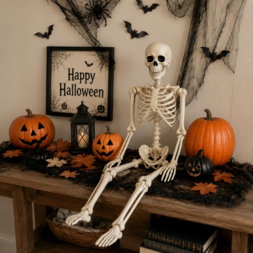 36" Halloween Skeleton with Metal Stand, Poseable Full Body Skeleton Decoration for Outdoor Yard, Garden, Porch, Indoor Haunted House, Movable Joints Human Bones Halloween Party Decor (1 Pack ) - image 4