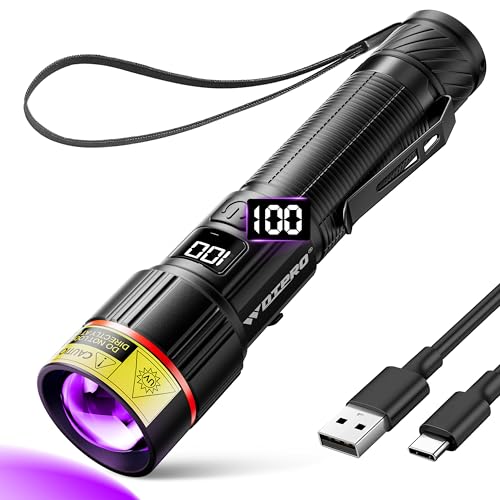 WdtPro UV Flashlight 395nm Super Bright, Rechargeable Black Light with LCD Display, IP65 Zoomable UV Light with Clip, Powerful Portable Blacklight for Pet Urine Stains, Scorpions, Resin Curing