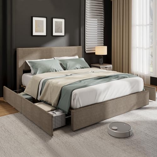 Garvee Corduroy Bed Frame with Headboard, Platform Upholstered Queen Bed Frame with 4 Storage Drawers and Wooden Slats Support, No Box Spring Needed,