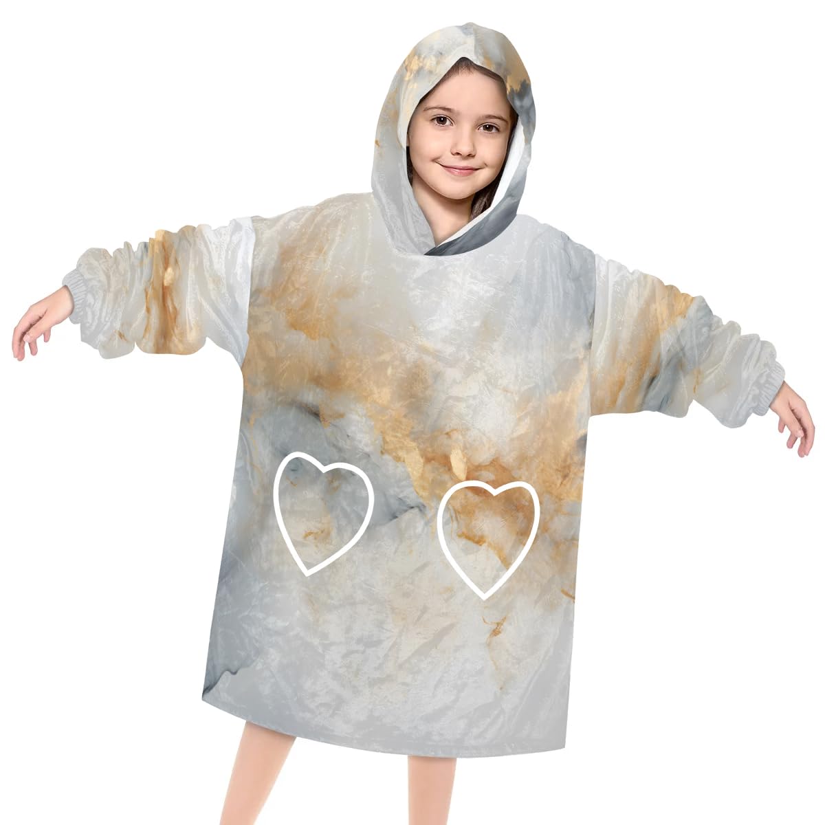 Pardick Wearable Blanket Hoodie for Kids, Gold Grey Marble Fleece Sweatshirt Blanket Oversized Blanket Sweatshirt with Pocket Flannel Warm Hooded Blanket 6-10 Year Old Girl Boy Gift, One Size
