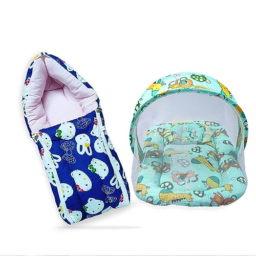 Image of MOM & Son Baby Bedding Set Mattress with Net & Baby Sleeping Bag (0-3 Months) (Blue Kitty & Green)
