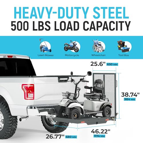 ECOTRIC 46.2 x 26.8 x 38.7 inch Hitch Cargo Carrier w/Ramp Foldable 500 Lbs Capacity Hitch Mount Steel Wheelchair Carrier Mobility Scooter Ramp 2" Hitch Receiver for SUV Truck Van Car