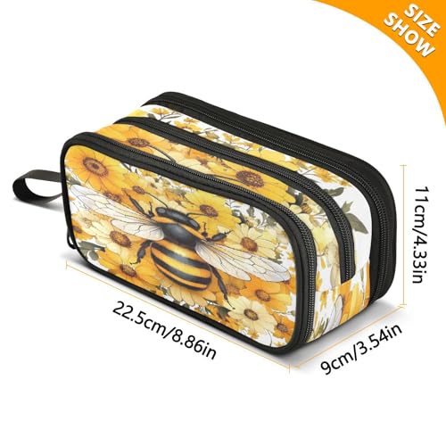 Image of ALAZA Yellow Daisy Bee Bumblebees Pencil Case for Boys Girls Kids Pencil Pouch 3 Compartment Pen Bag Large Capacity Storage Pencil Holder School Students with Zipper