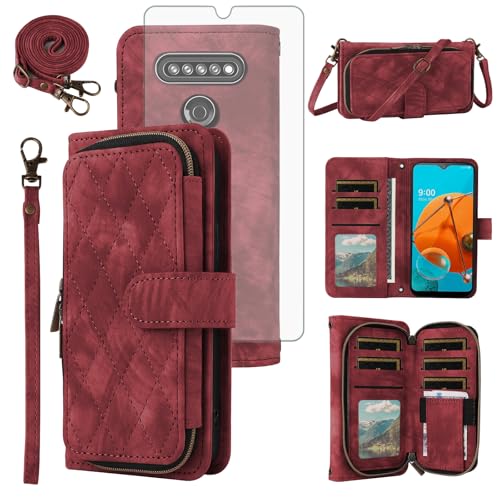 Étui portefeuille pour LG K51 avec fermeture éclair et verre trempé protection intégrale Rouge