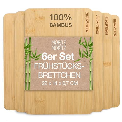 Moritz & Moritz Frühstücksbrettchen Bambus - 6er Schneidebrett Holz Set, natürlich antibakteriell, robust & messerschonend - Vielseitig als Holzbrett Küche, Brotzeitbrett, Servierbrett & cutting board