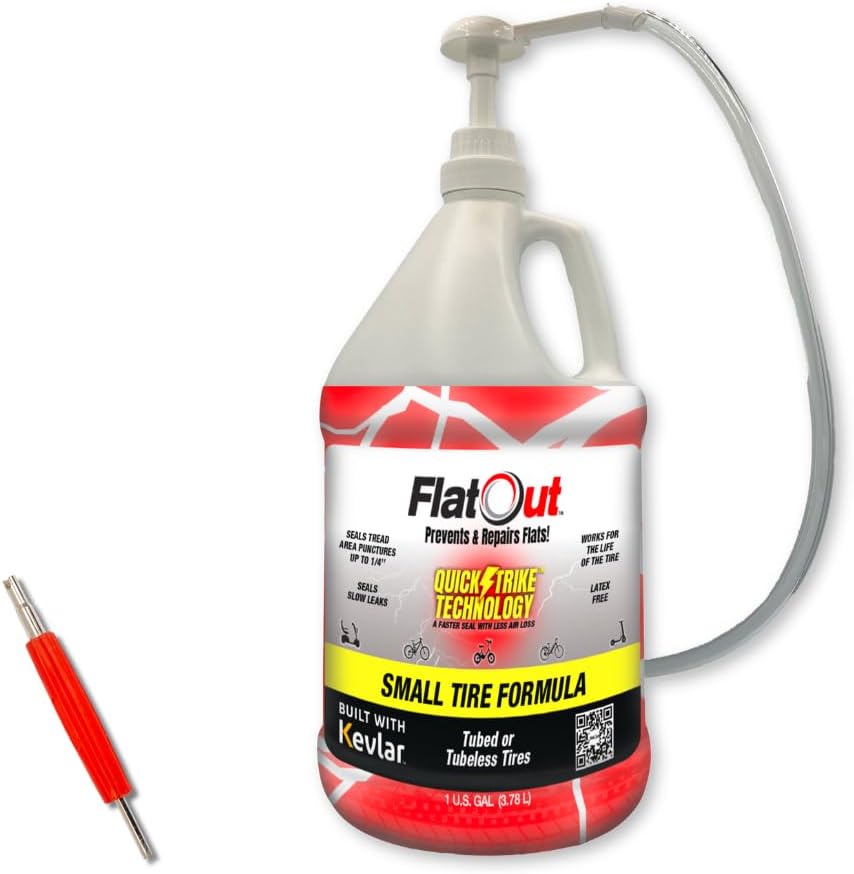 QuickStrike Tire Sealant - Small Tire/Bicycle Formula - New Formula - Prevents Flat Tires - Seals Leaks - Contains Kevlar - Tubeless Tire Sealant - 1 Gallon + Tool