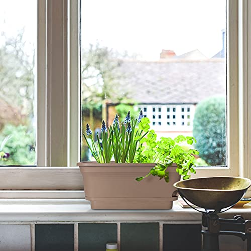 T4U Self Watering Planters Plastic Rectangular Plant Pot, Modern Decorative Flower Pot/Window Box For All House Plants, Flowers, Herbs, African Violets, Succulents - Brown, Set Of 2 #TOP1