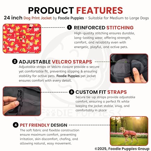 Image of Foodie Puppies Dog Winter Jacket - (Dog Printed, 24 Inch) for Medium to Large Dogs | Ultra Warm Waterproof & Windproof Coat | Adjustable Velcro Closure, Washable Vest for Cold Weather
