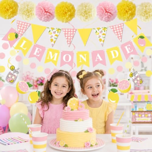 Image of Tesochye Lemon Party Decorations,Pink and Yellow Lemonade Stand Decor | Lemon Triangle Banner, Lemonade Banner,Tissue Pom Poms, Hanging Swirls,Circle Dots Garland for Lemon Birthday Bridal Shower
