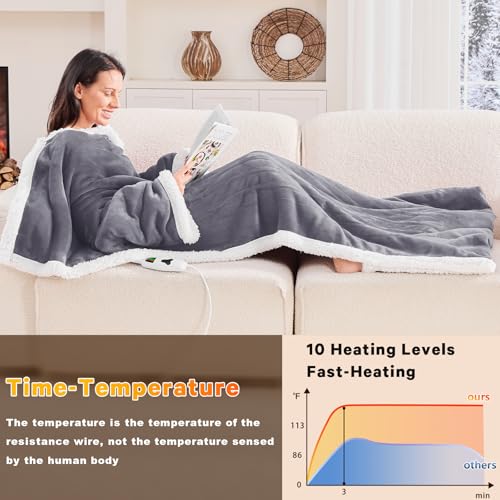 greenoak Wearable Heated Blanket Electric Snuggle - Heated Blanket with Foot Pocket and Sleeves for Adult, Winter for Mom Women 5-Position Timer 10-Heating Levels,50 * 70",Grey by greenoak - Image 4