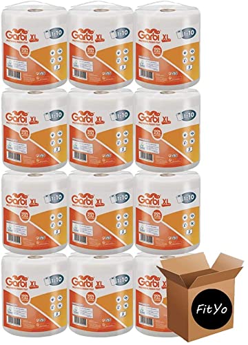 FitYo - Pack de 12 Rouleaux d'Essuie Tout - Format XL - 280 Feuilles Prédécoupées - Rouleau de 70 Mètres - Usage Domestique ou Industriel - Papier...