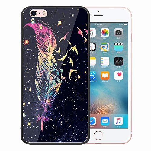 Urhause Tempered Glass Cover Compatible with iPhone 6 Case Glossy Mirror Case Ultra Thin Starry Sky Sparkle Hard Cover Feather Tempered Glass + Soft Silicone Skin Cover Bumper Anti-Scratch Cover