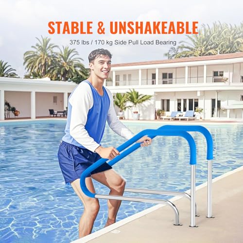 Image of VEVOR Pool Handrail,46 x 37 inch Pool Railing, Stainless Steel (Pre-Built) for Indoor /Outdoor Pools,Swimming Pool Railing for Decks,Rust-Proof Grab Bar with Blue Grip Cover&Accessories for Spas