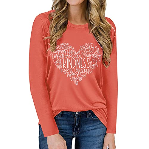 Womens Cute Kindness Heart Shirts Inspirational Long Sleeve Tee Tops Be Kind Teacher Fall Blouse (B-Orange, Large)