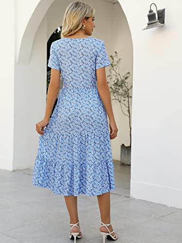 Image of Lyrur Women's Dresses Casual Summer Tiered Midi Dress Short Sleeve Belted Ruffle Babydoll Boho Sundress with Pockets
