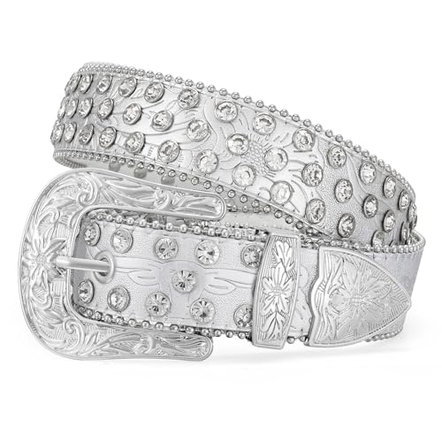 WERFORU Western Rhinestone Leather Belt,Cowgirl Cowboy Bling Belt For Jeans With Silver Vintage Western Buckle,Silver