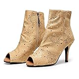 URYZE Women's Ballroom Dance Shoes Open Toe Gold Sequins 4 Inch Stiletto Heel Performance Dance Boots, 8