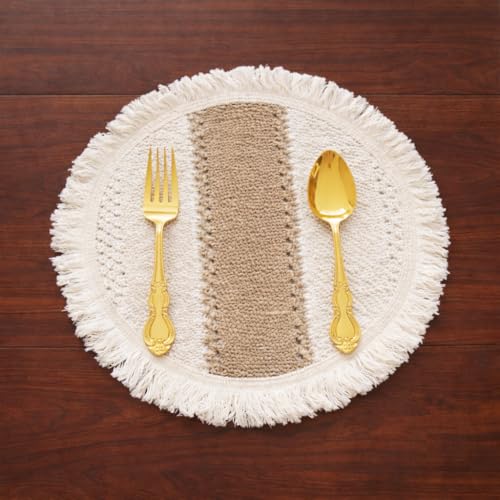 Image of HomeCloud Croshia Woven Table placemat - Heat Resistant, Washable Table Decoration for Dining, Office, Kitchen, Hotel, and Home (Round White Beige, Set of 6)