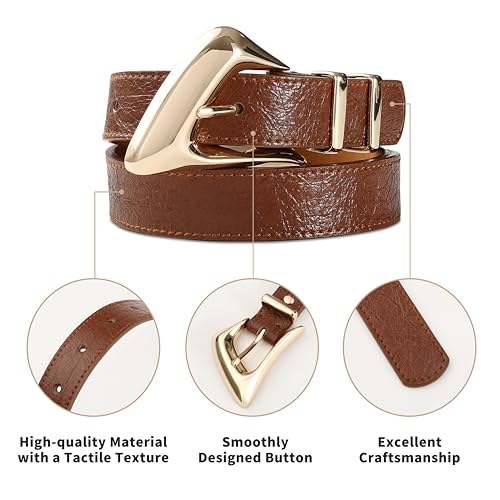 Women's Brown Belt Trend Belt with Gold Buckle Fashion Leather Waist Belt for Jeans Pants4