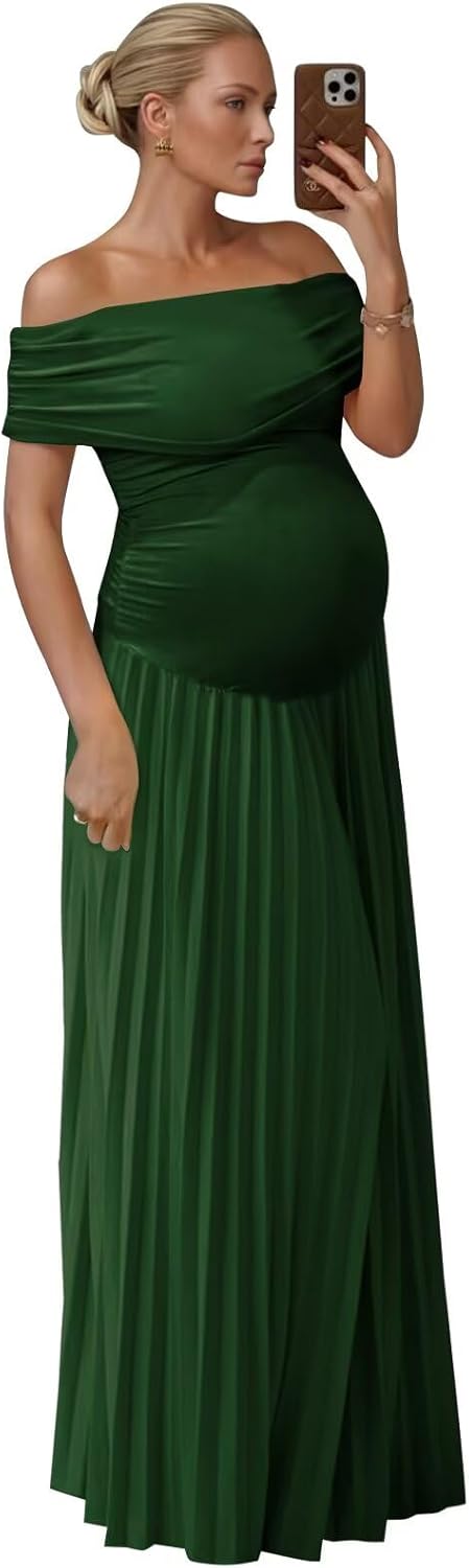 Ouyisha Off Shoulder Maternity Dress for Photoshoot Women’s Pleated Baby Shower Dress Long Summer Formal Pregnancy Gowns